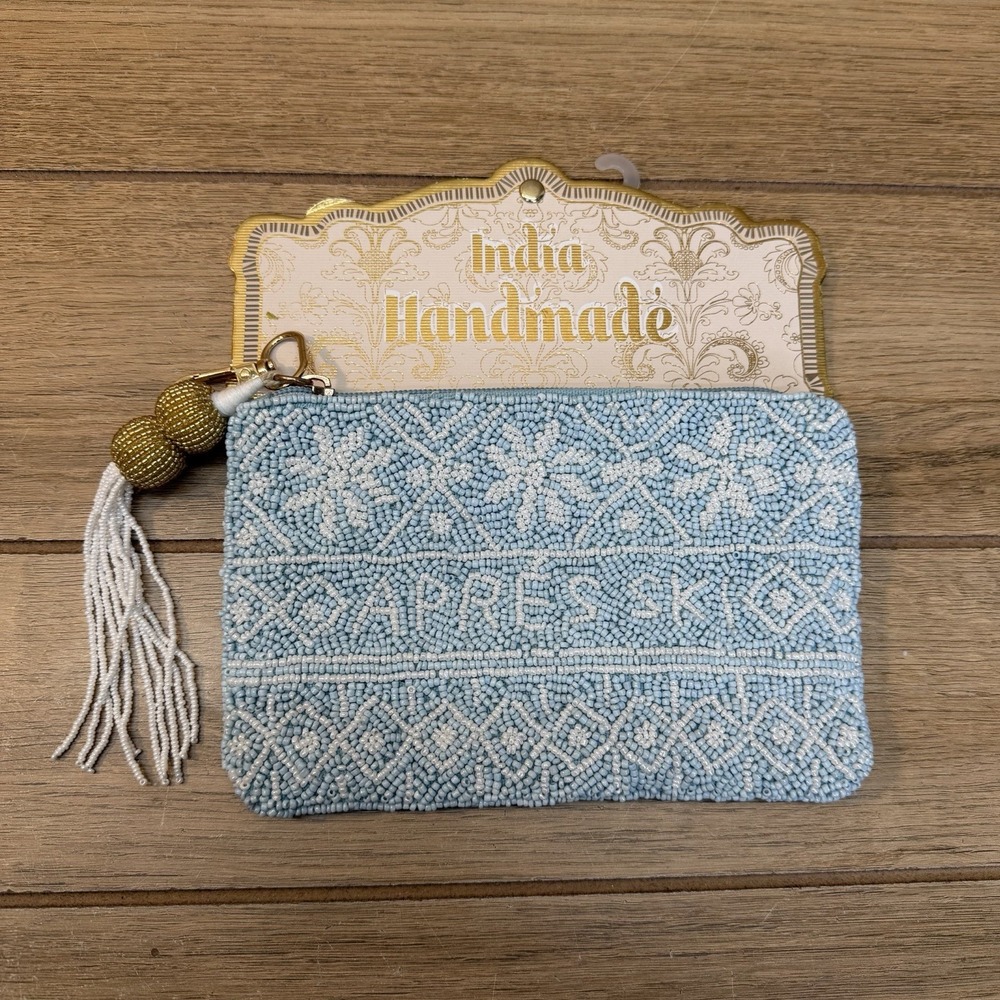 India Handmade Beaded "Apres Ski" Pouch Bag Winter Events Blue White NWT Viral